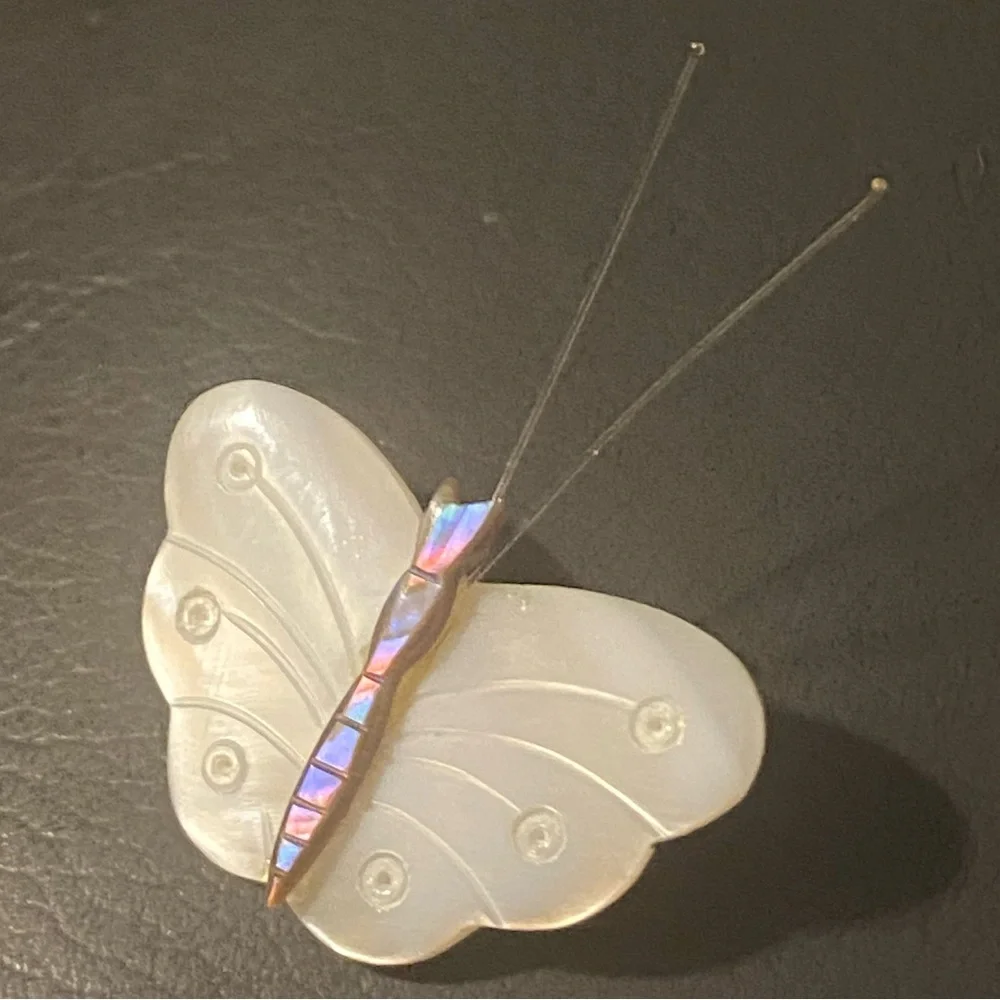 Vintage Set of 2 Butterfly Brooch Gold Metal & Enameled Mother-Of-Pearl